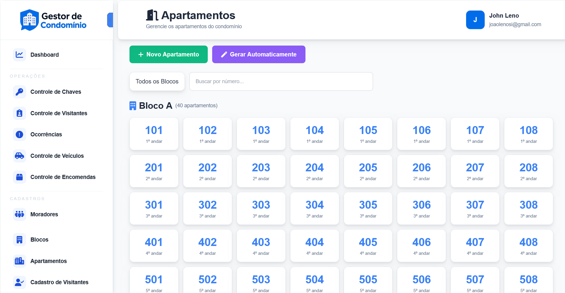 Tela de listagem de apartamentos por bloco