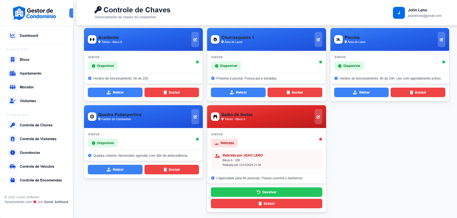 Tela de controle de chaves de áreas comuns