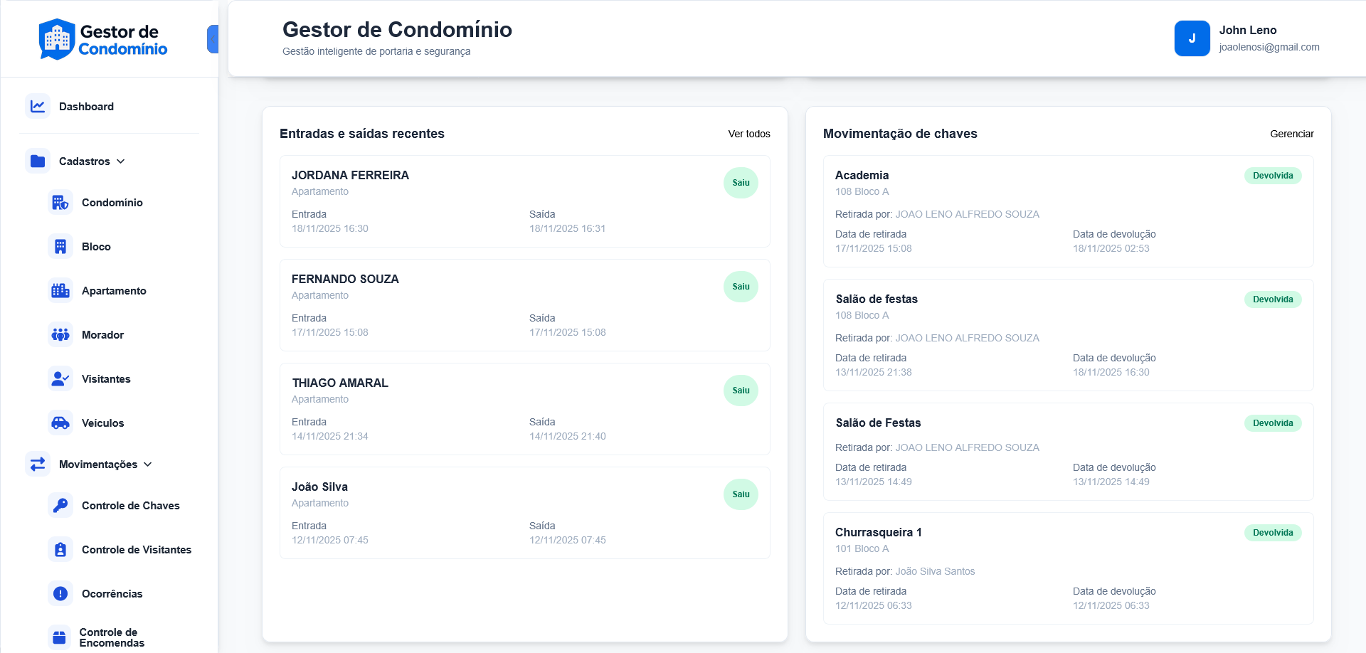 Tela de entradas, saídas e movimentação